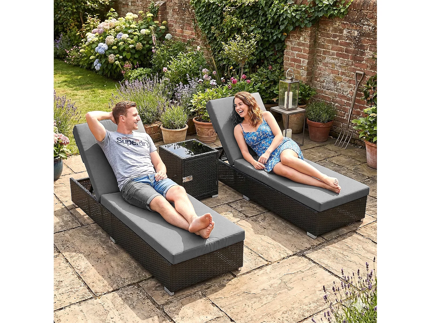 Set 2 sdraio giardino con tavolino laterale grigio scuro