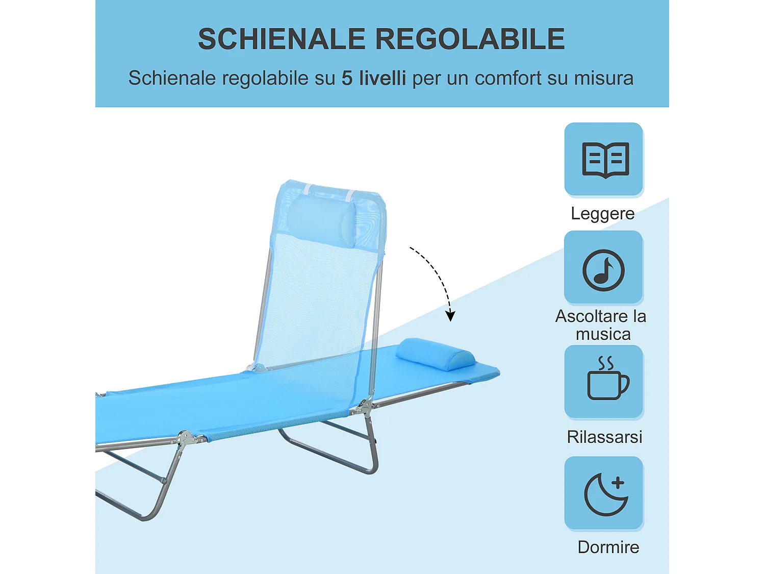 Lettino prendisole pieghevole schienale reclinabile e cuscino