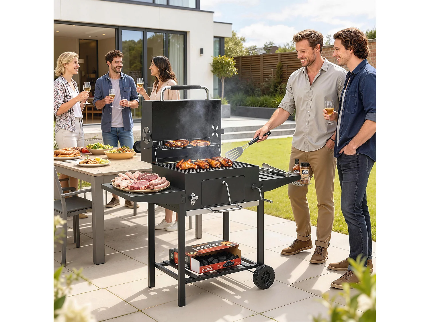 Barbecue a carbone a rotelle con griglia regolabile nero