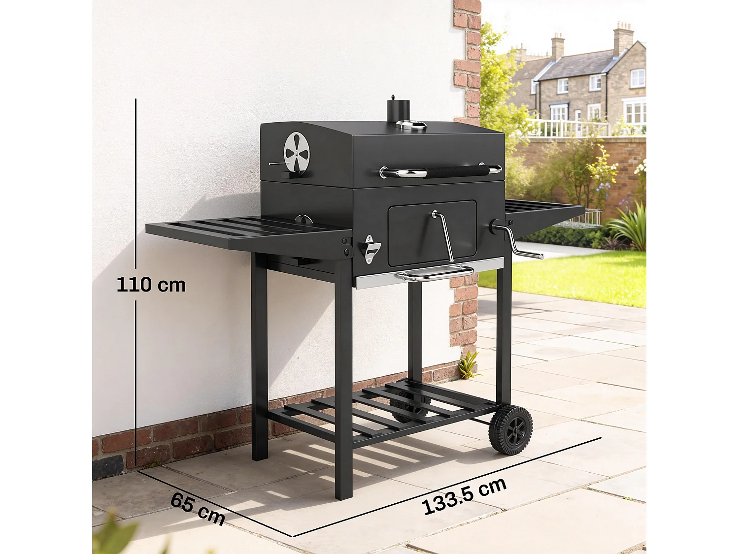 Barbecue a carbone a rotelle con griglia regolabile nero
