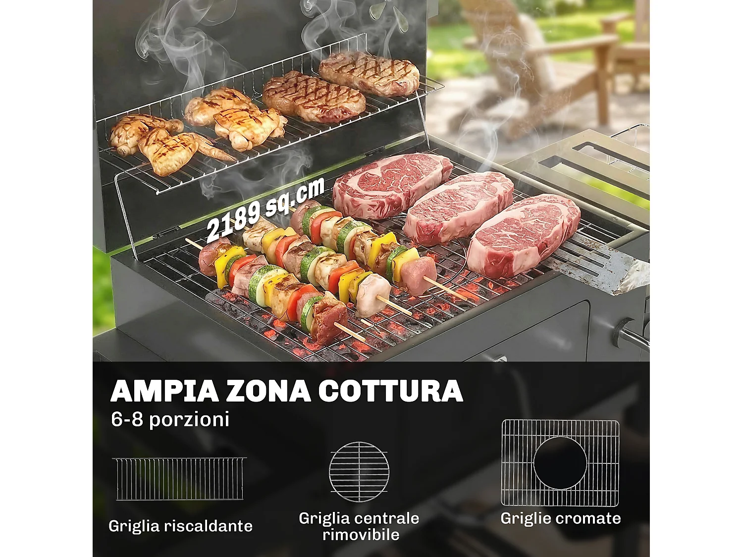 Barbecue a carbone a rotelle con griglia regolabile nero