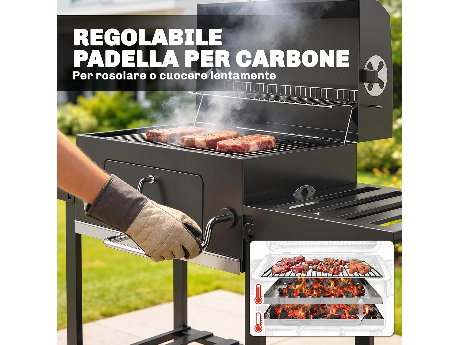 Barbecue a carbone a rotelle con griglia regolabile nero