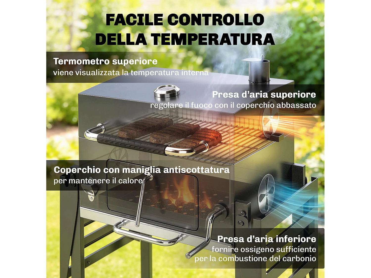 Barbecue a carbone a rotelle con griglia regolabile nero