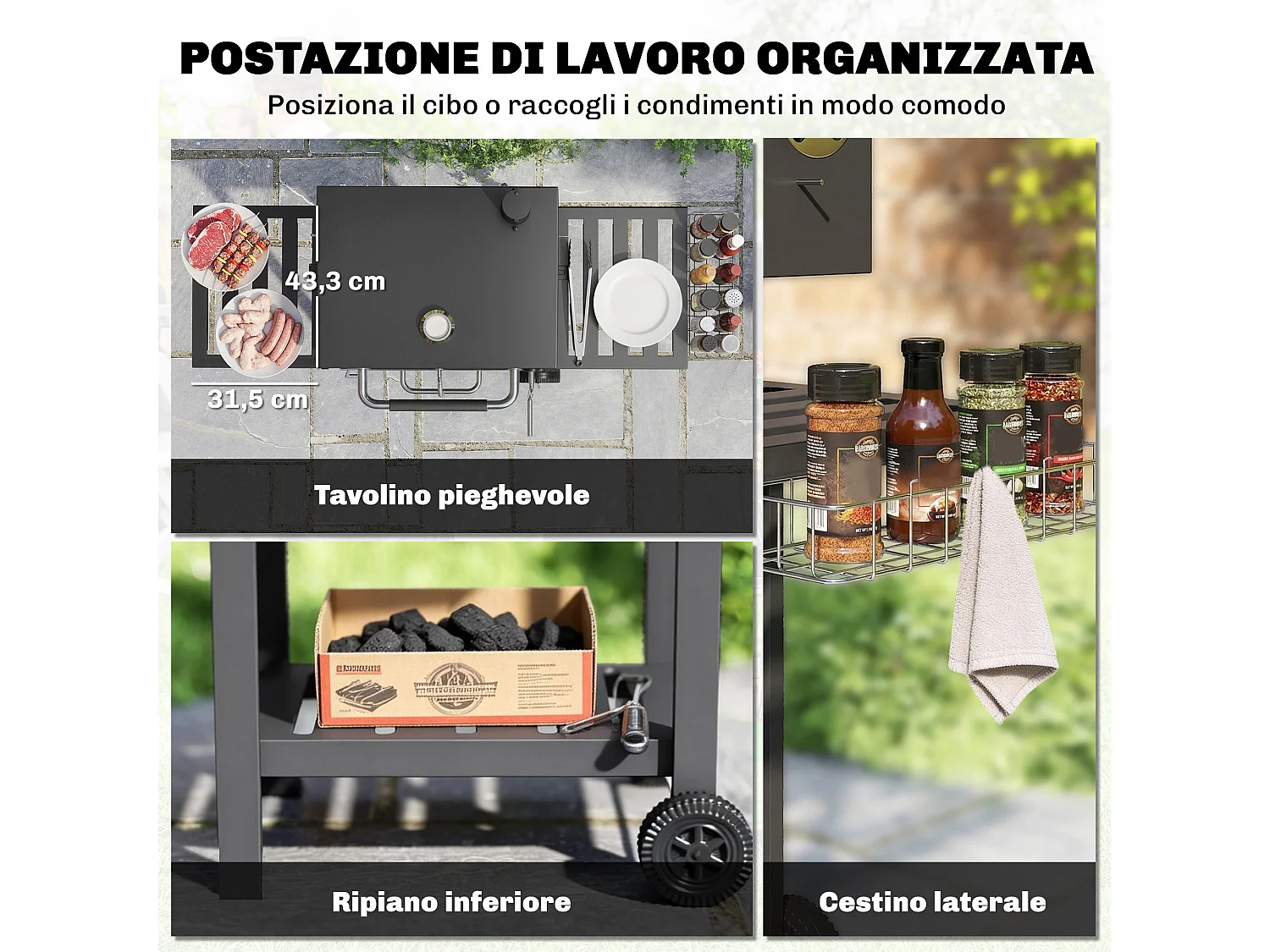 Barbecue a carbone a rotelle con griglia regolabile nero