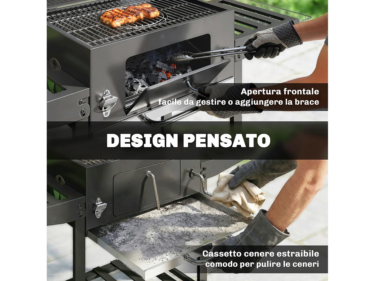 Barbecue a carbone a rotelle con griglia regolabile nero