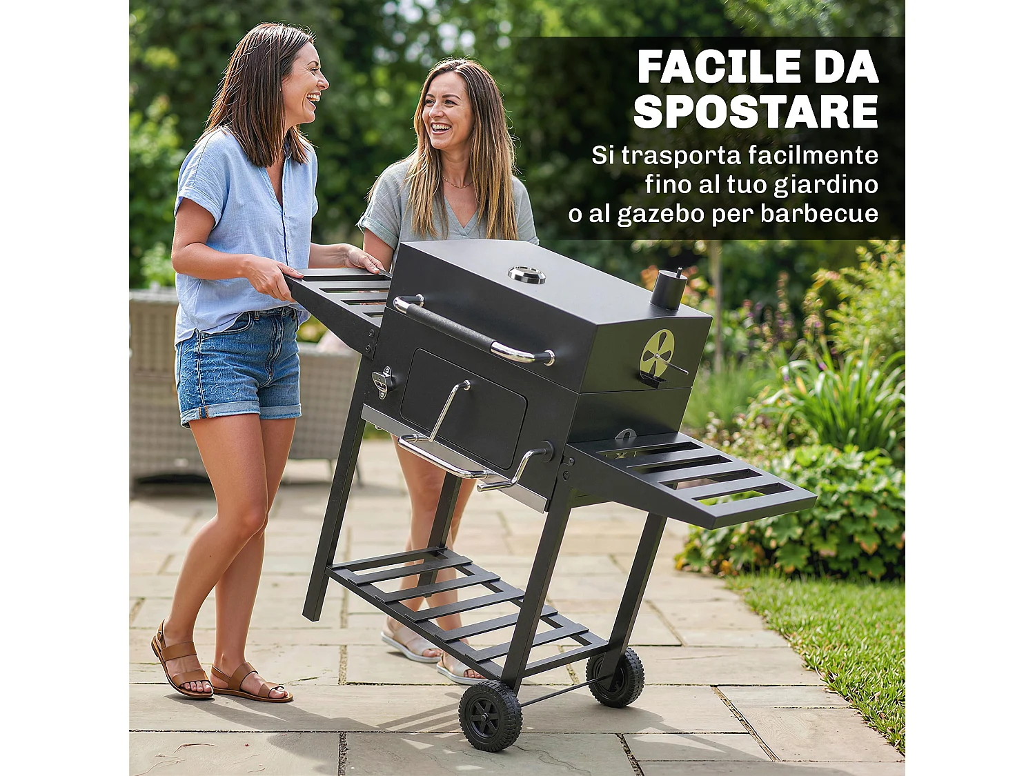 Barbecue a carbone a rotelle con griglia regolabile nero
