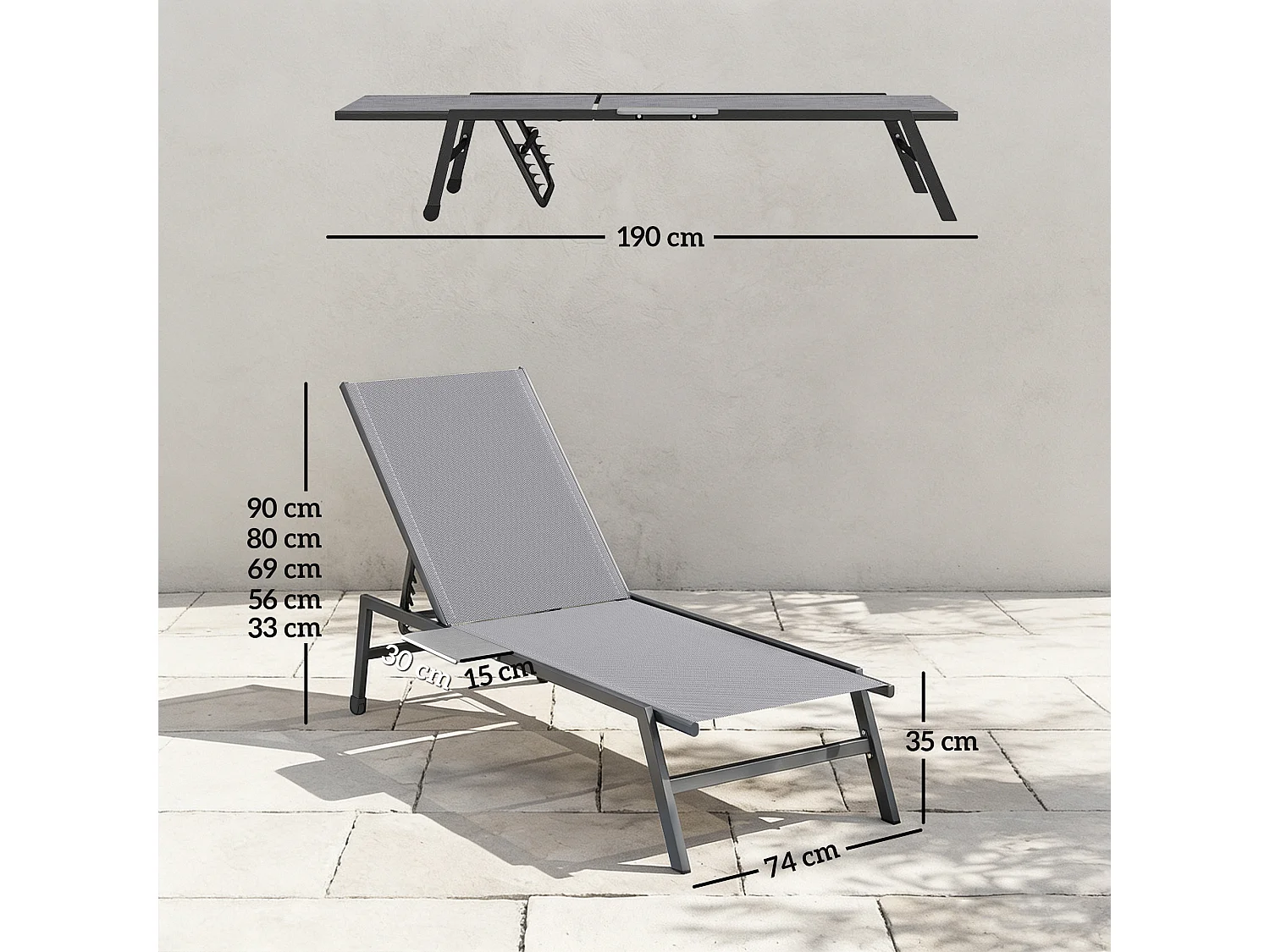 Set 2 lettini prendisole con tavolino laterale grigio