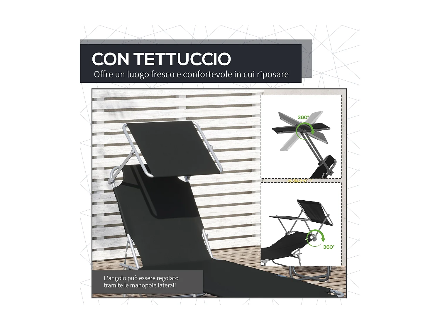 Lettino prendisole da giardino pieghevole con tettuccio nero