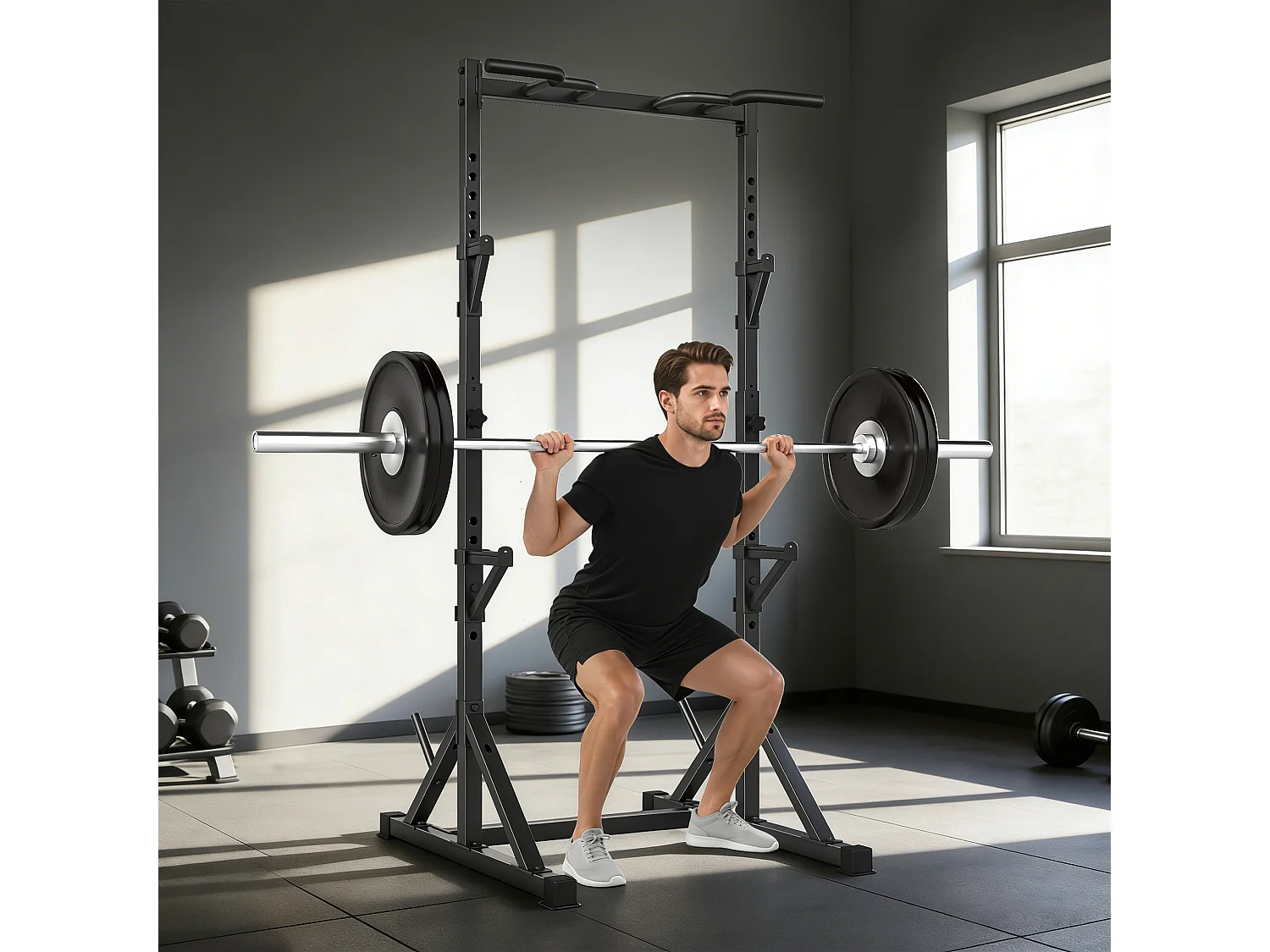 Squat rack regolabile a doppio supporto in acciaio nero