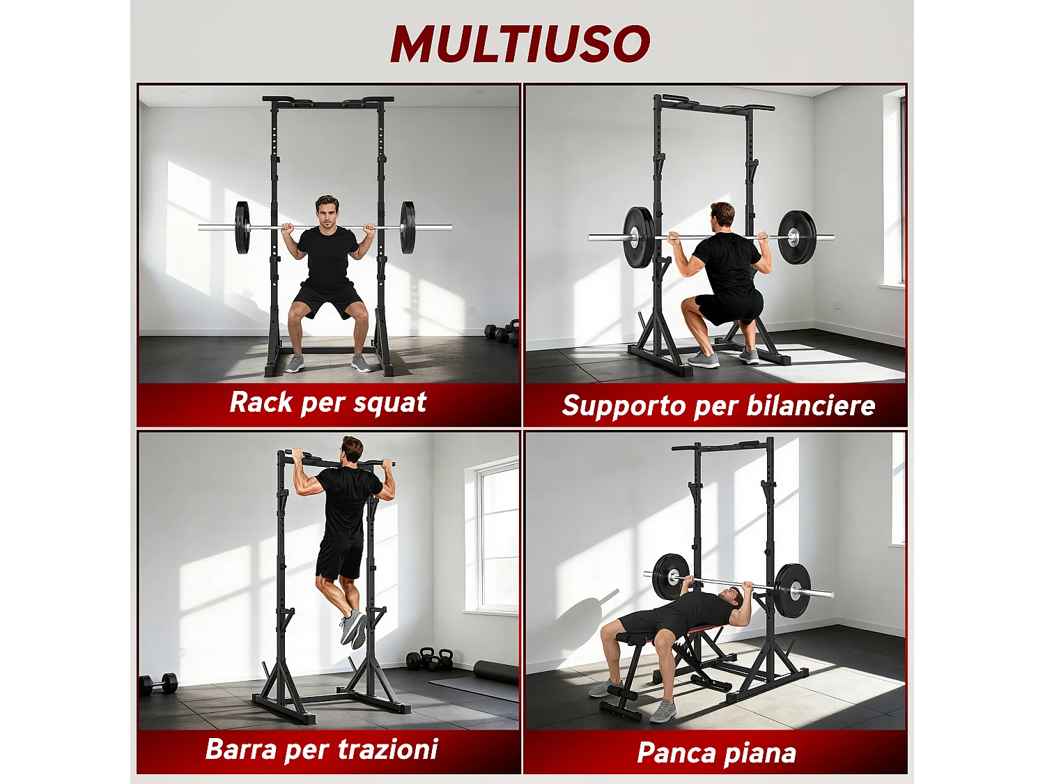 Squat rack regolabile a doppio supporto in acciaio nero