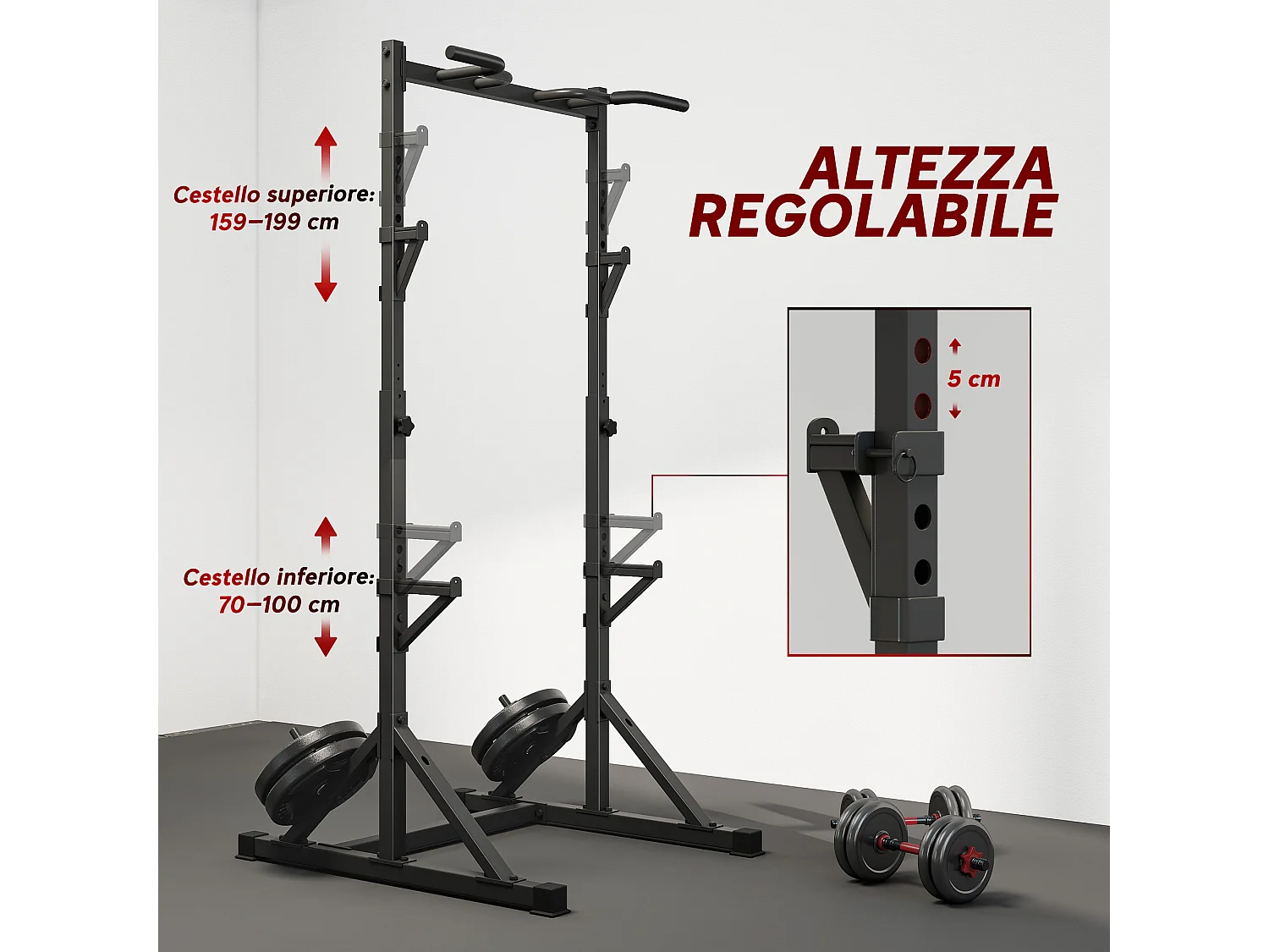 Squat rack regolabile a doppio supporto in acciaio nero