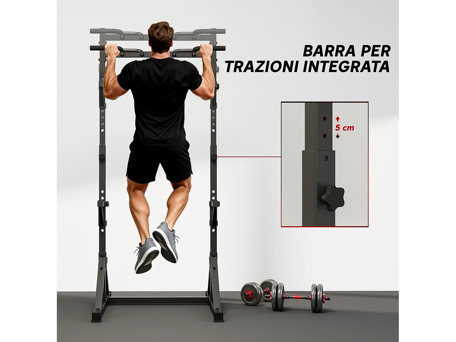 Squat rack regolabile a doppio supporto in acciaio nero