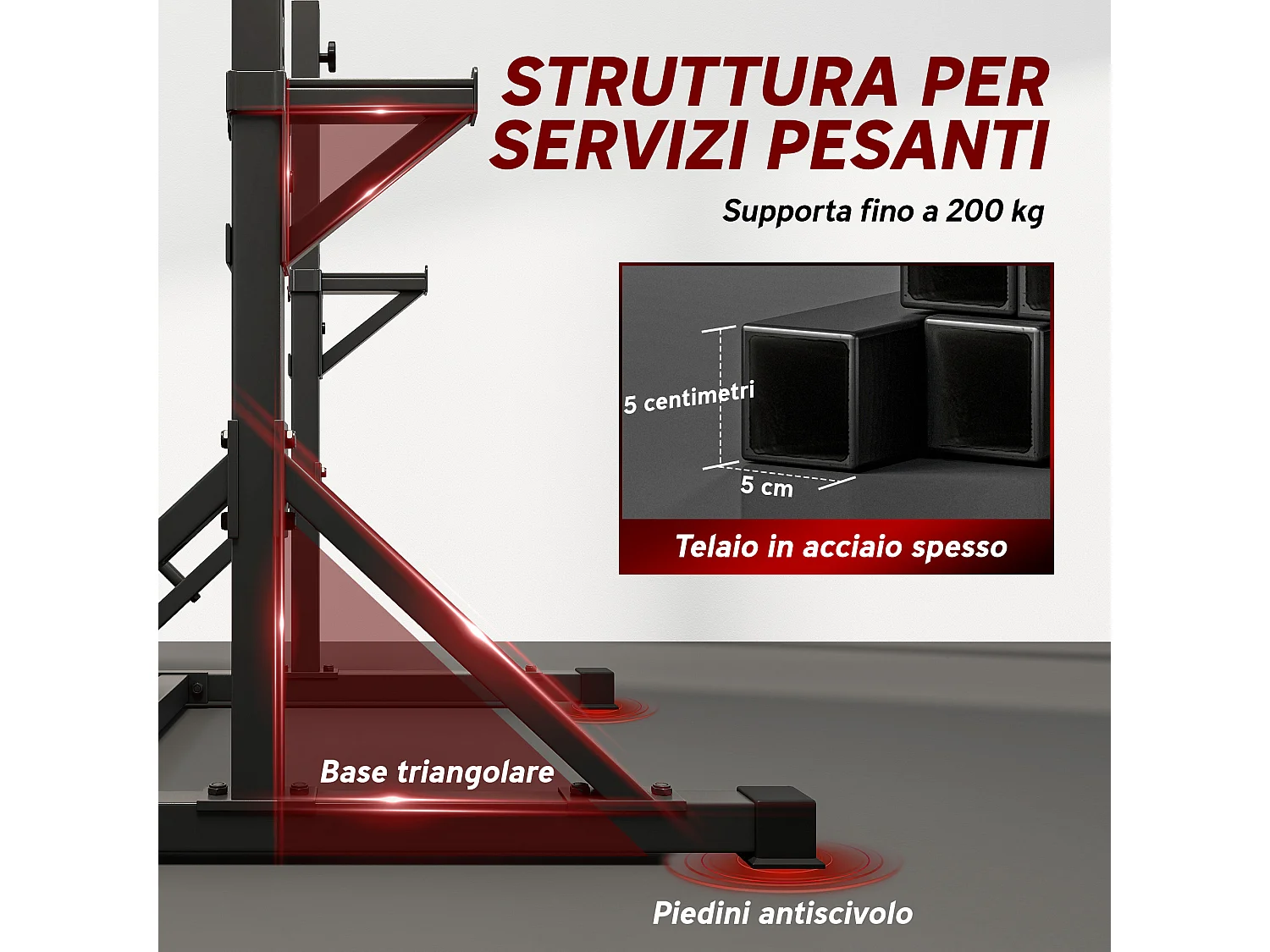 Squat rack regolabile a doppio supporto in acciaio nero