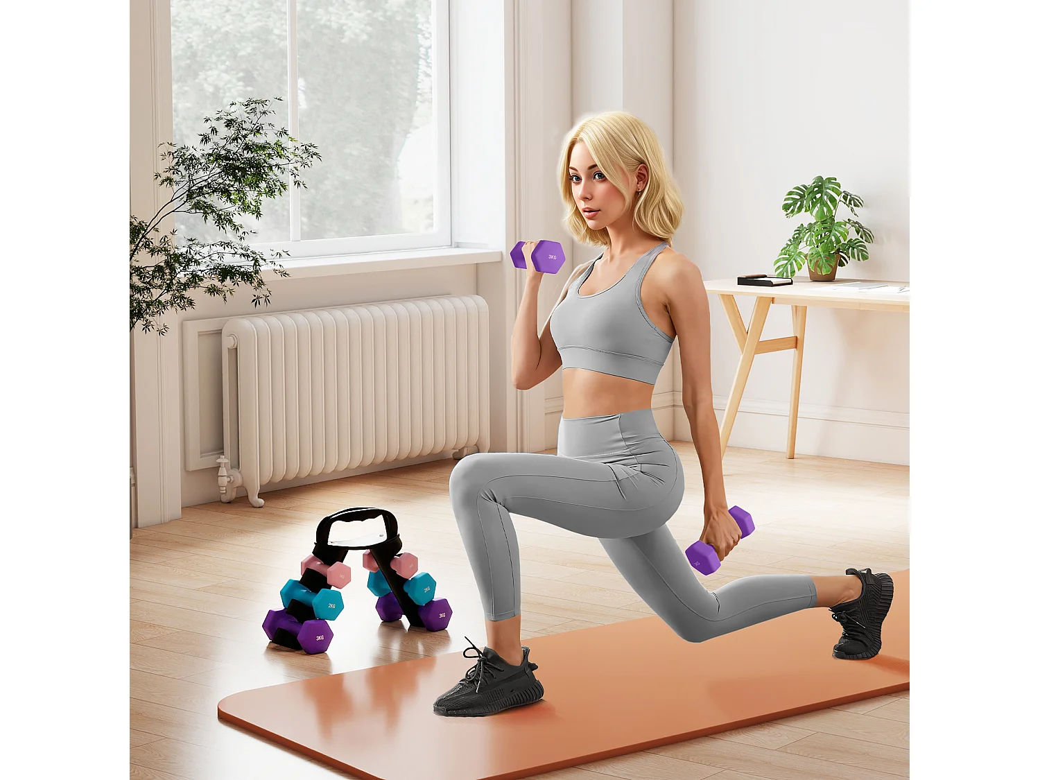 Set di manubri con supporto pieghevole in metallo rosa azzurro viola