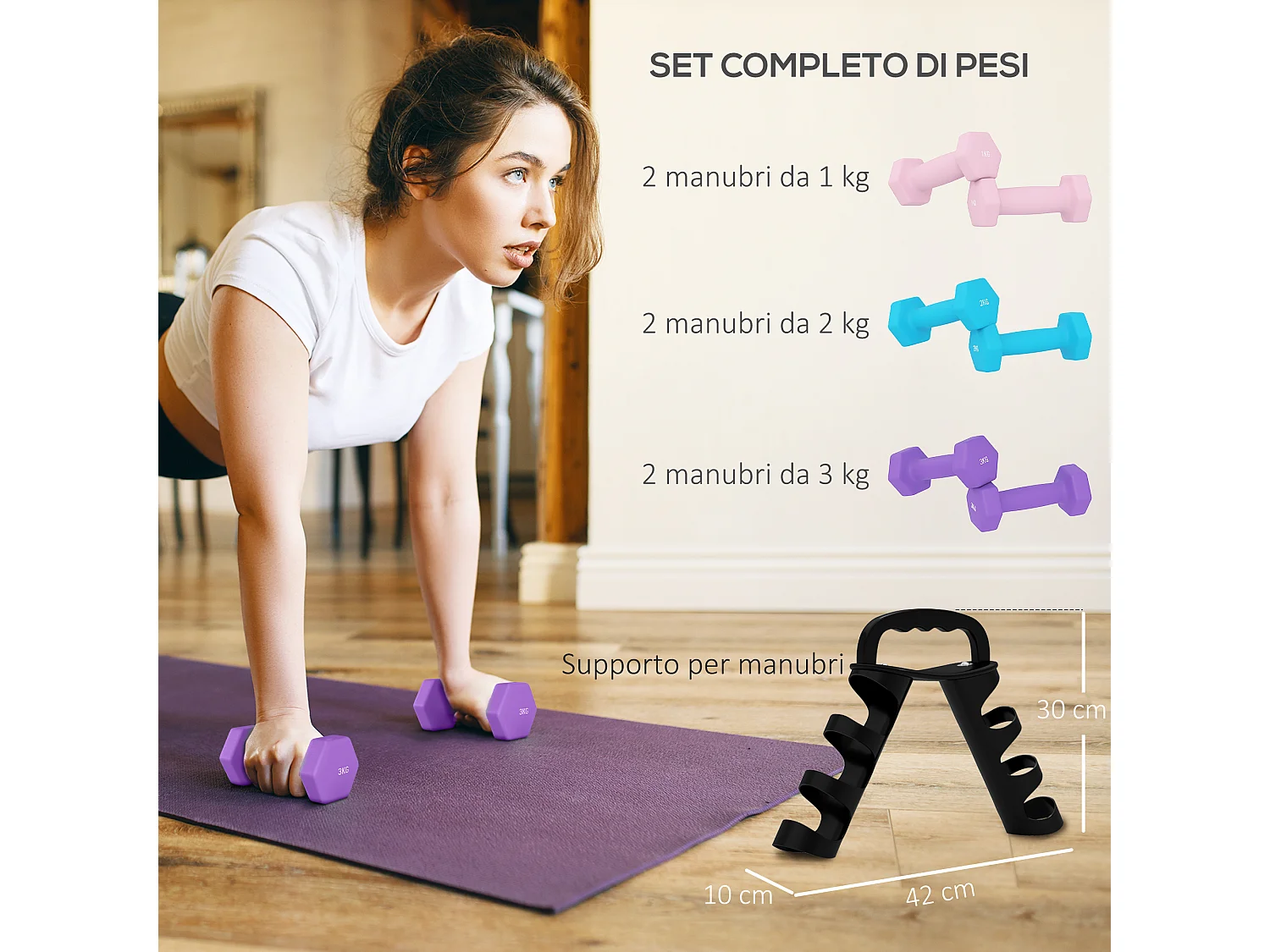 Set di manubri con supporto pieghevole in metallo rosa azzurro viola