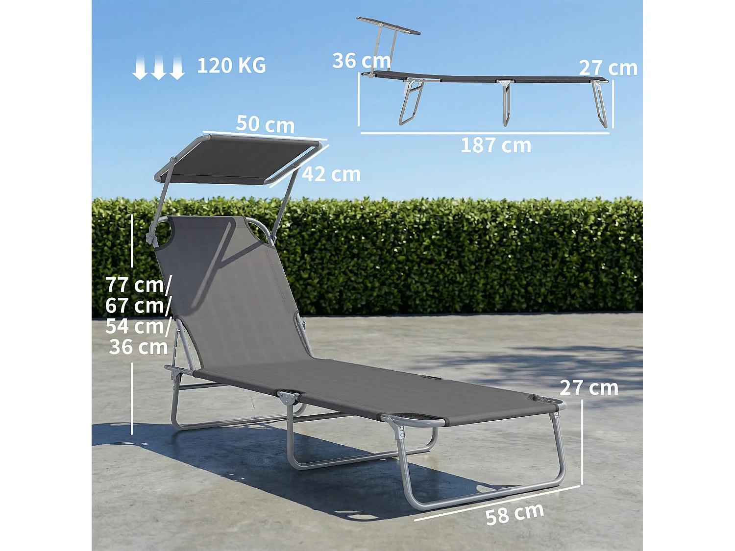 Lettino prendisole da giardino pieghevole con tettuccio grigio