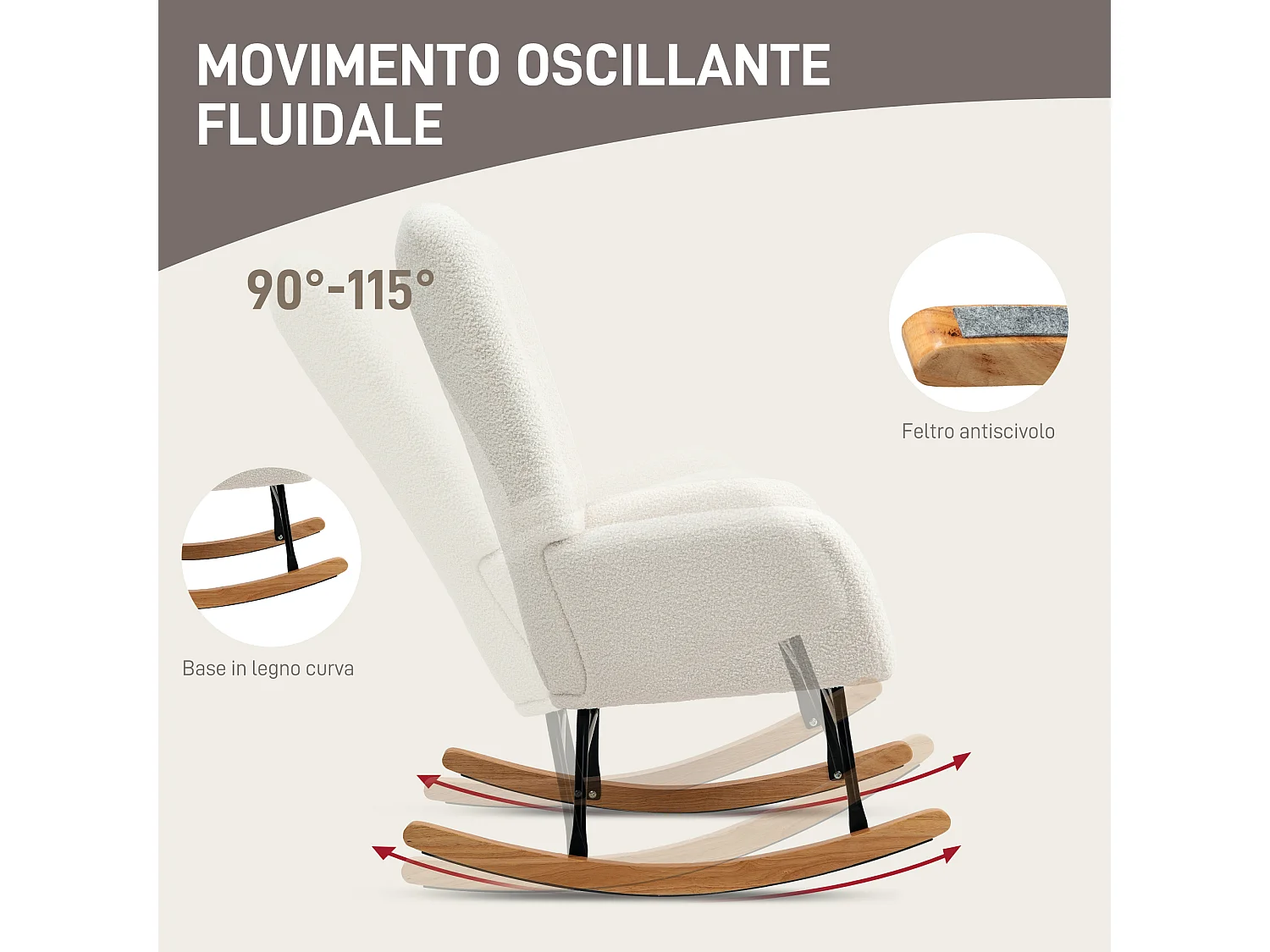 Sedia a dondolo in velluto teddy bianco crema 70x94x100 cm