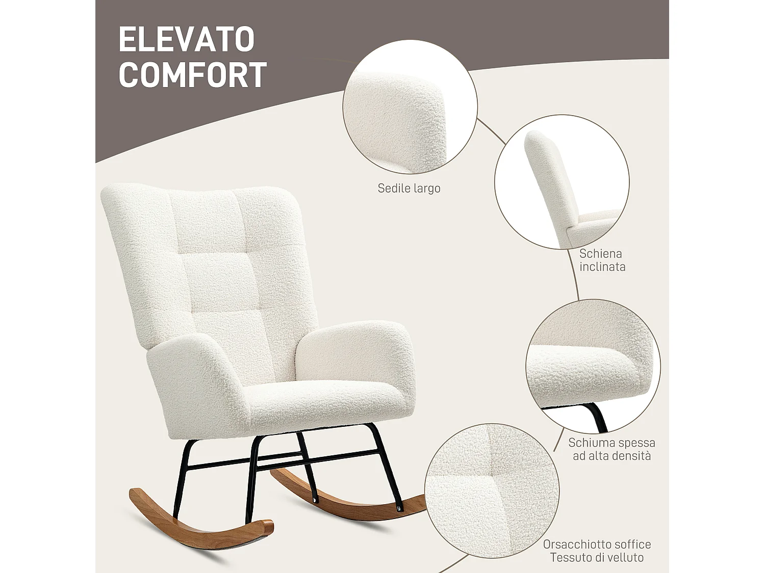 Sedia a dondolo in velluto teddy bianco crema 70x94x100 cm
