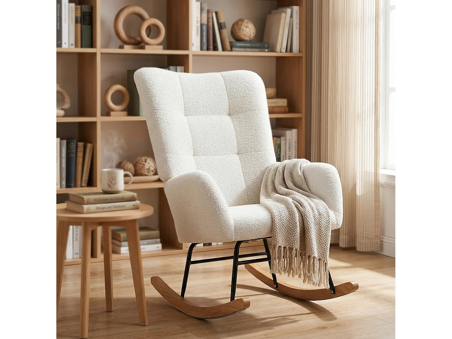 Sedia a dondolo in velluto teddy bianco crema 70x94x100 cm