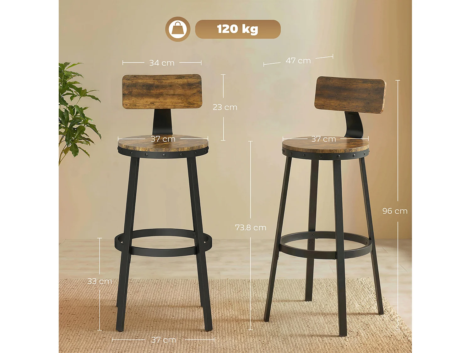 Set 2 sgabelli da bar con poggiapiedi 37x47x96 cm marrone