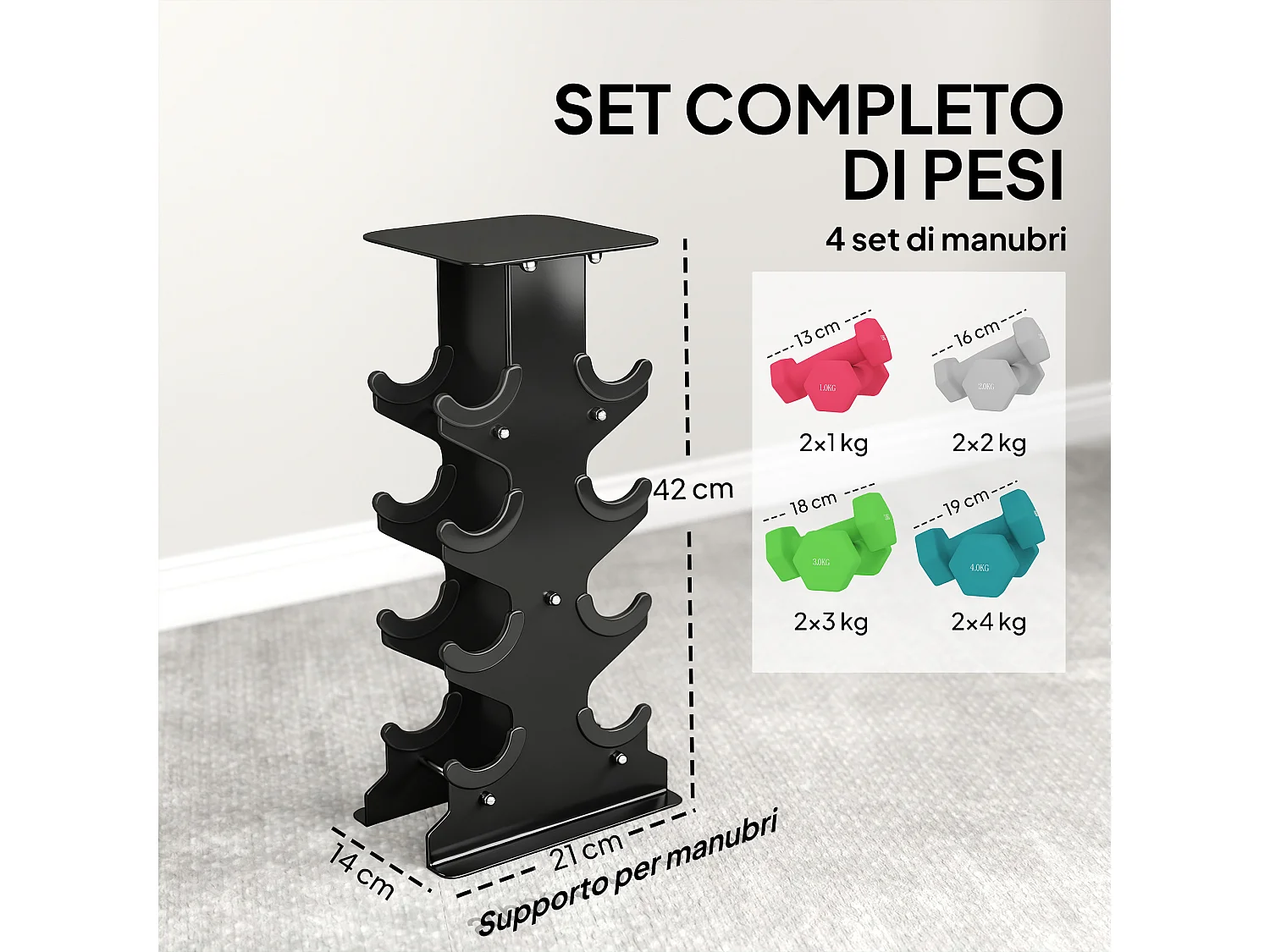 Set 8 manubri pesi esagonali antiscivolo multicolore