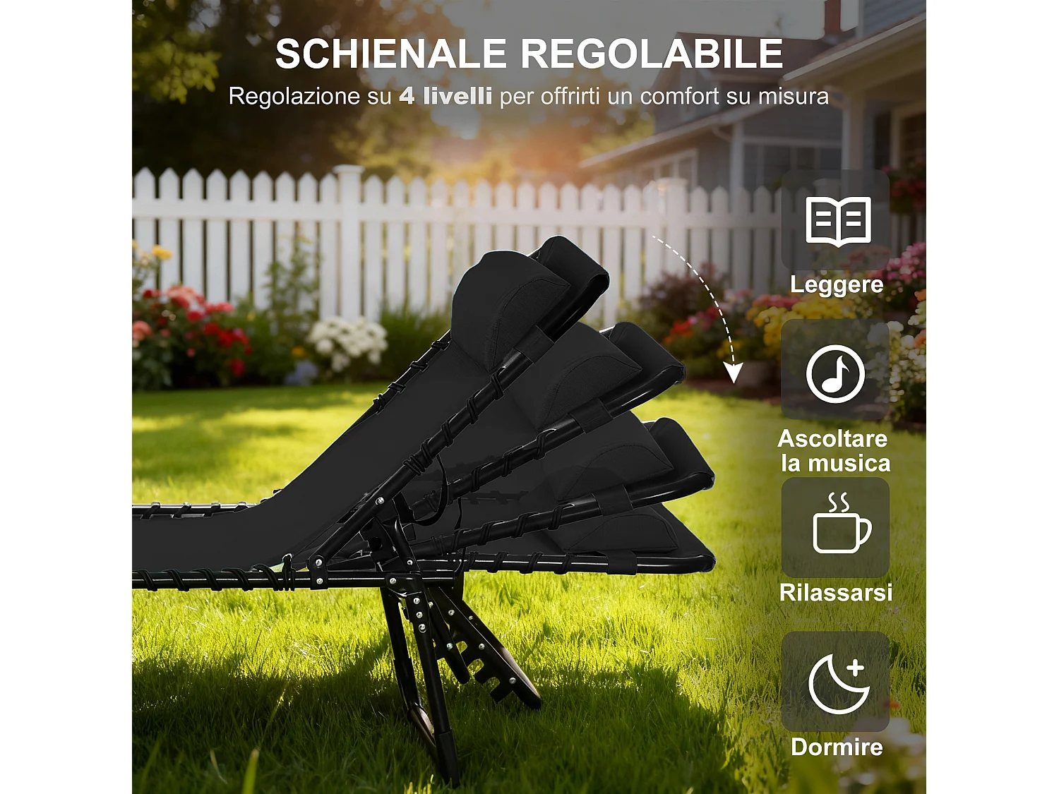 Lettino prendisole con schienale reclinabile 4 livelli nero