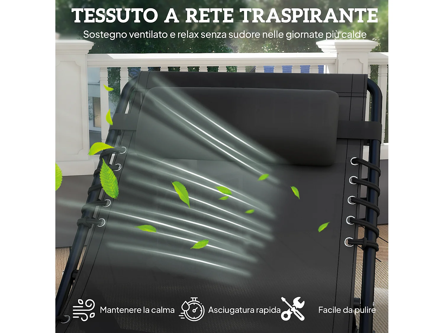 Lettino prendisole con schienale reclinabile 4 livelli nero