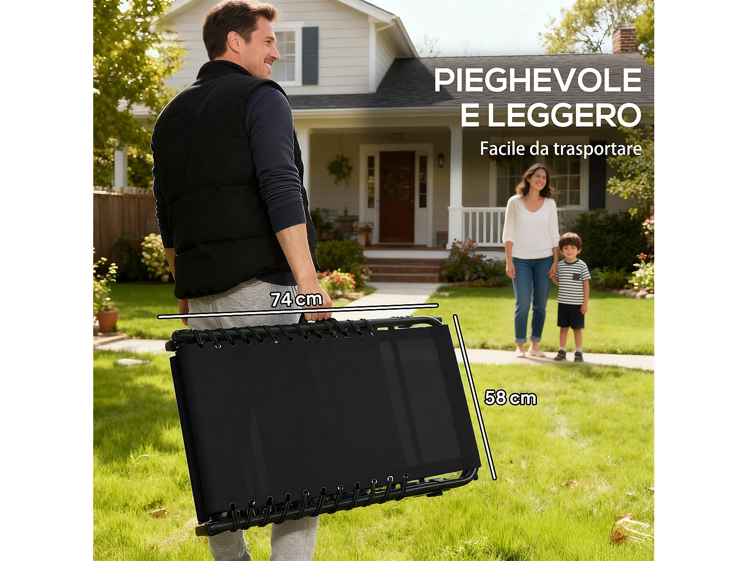 Lettino prendisole con schienale reclinabile 4 livelli nero