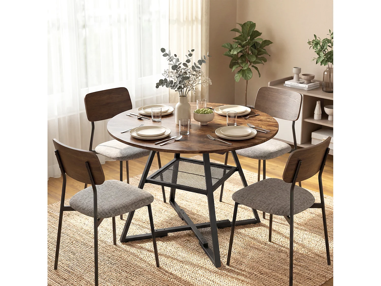 Tavolo da pranzo rotondo industriale con ripiano metallo legno marrone