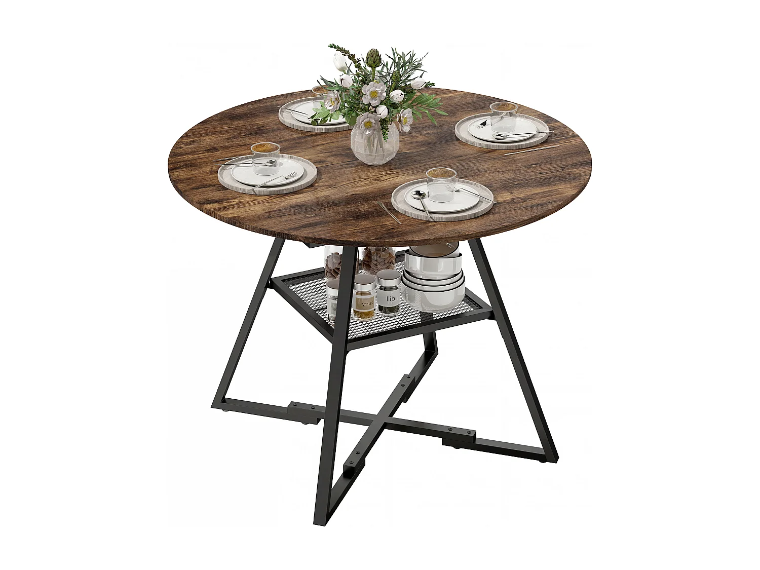 Tavolo da pranzo rotondo industriale con ripiano metallo legno marrone