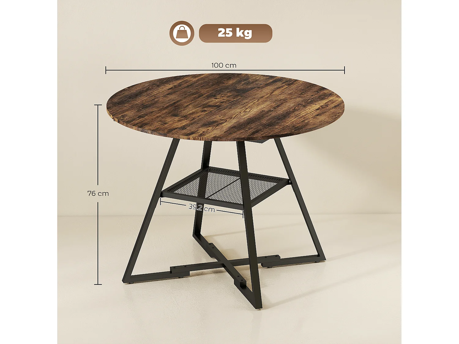 Tavolo da pranzo rotondo industriale con ripiano metallo legno marrone