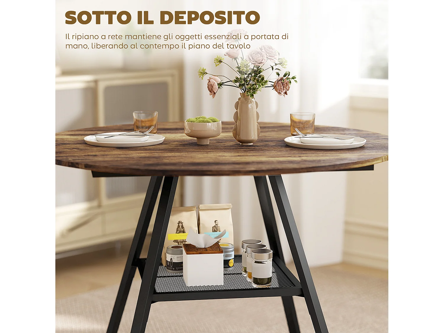 Tavolo da pranzo rotondo industriale con ripiano metallo legno marrone