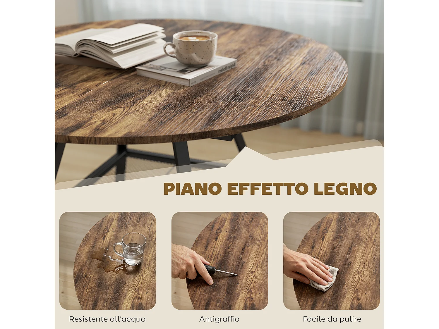 Tavolo da pranzo rotondo industriale con ripiano metallo legno marrone