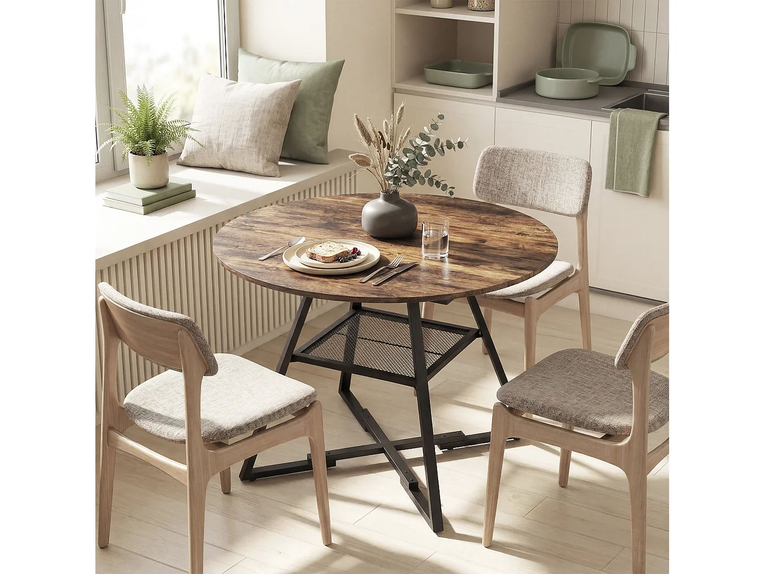 Tavolo da pranzo rotondo industriale con ripiano metallo legno marrone