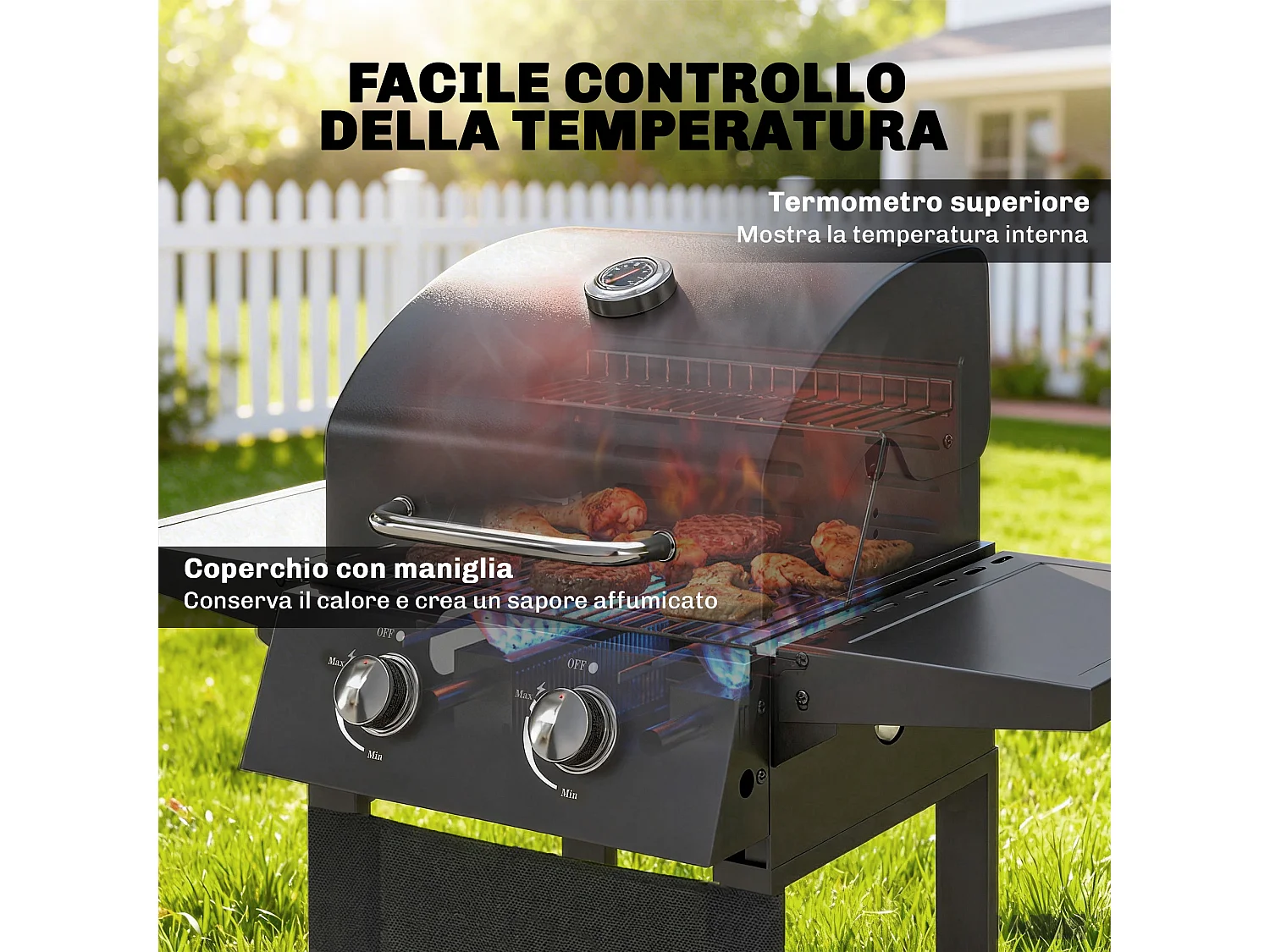 Barbecue a gas propano 2 bruciatori ripiani pieghevoli nero