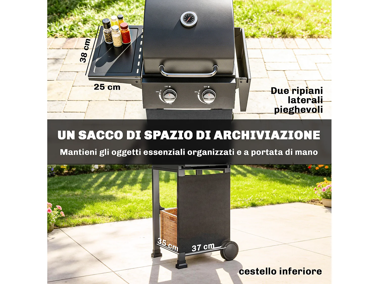 Barbecue a gas propano 2 bruciatori ripiani pieghevoli nero