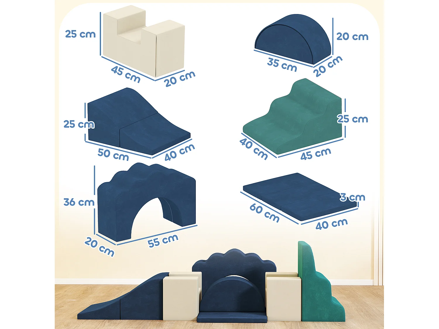 Set 7 blocchi di costruzione morbidi per bambini fino 3 anni blu