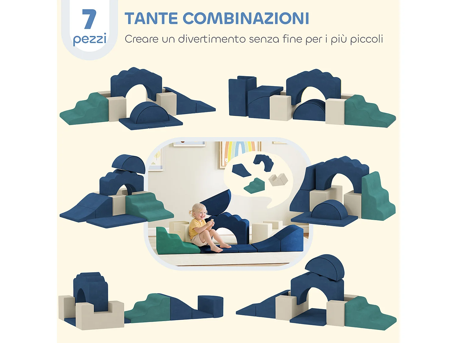 Set 7 blocchi di costruzione morbidi per bambini fino 3 anni blu