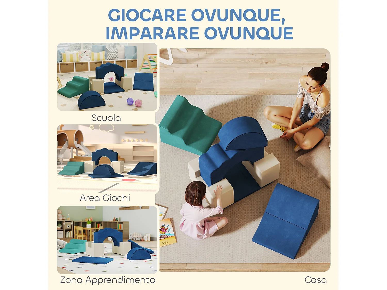 Set 7 blocchi di costruzione morbidi per bambini fino 3 anni blu