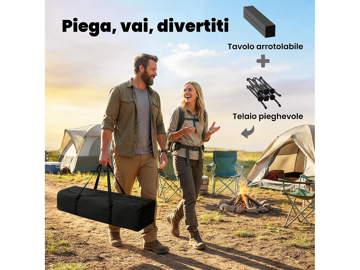 Tavolo da campeggio pieghevole con rete in metallo nero
