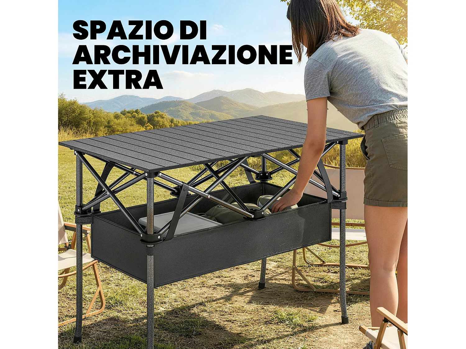 Tavolo da campeggio pieghevole con rete in metallo nero