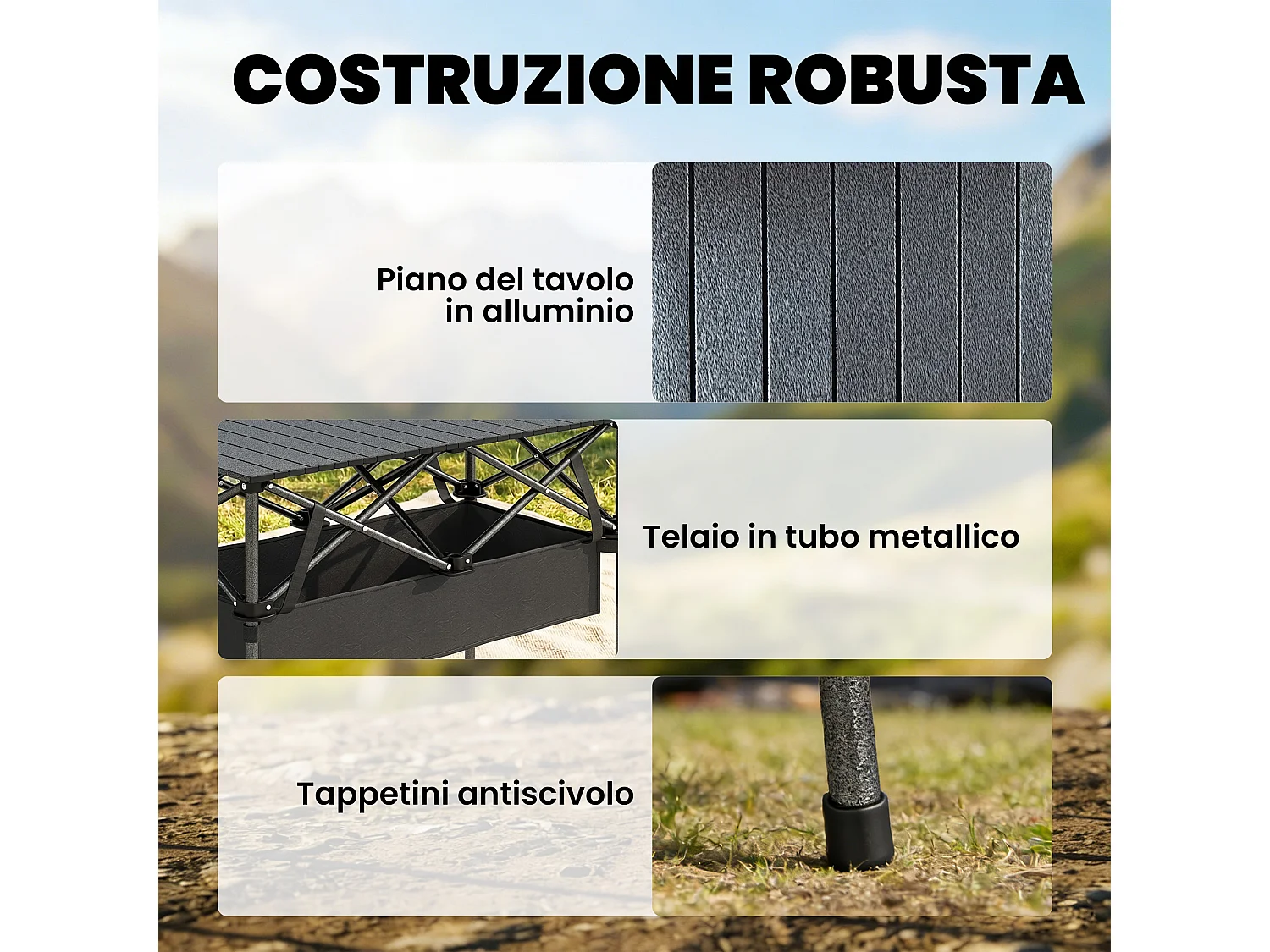 Tavolo da campeggio pieghevole con rete in metallo nero