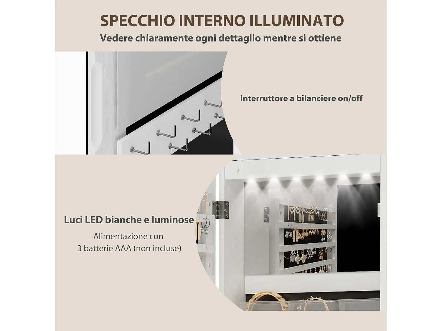 Specchiera portagioie da parete e porta con luce e serratura