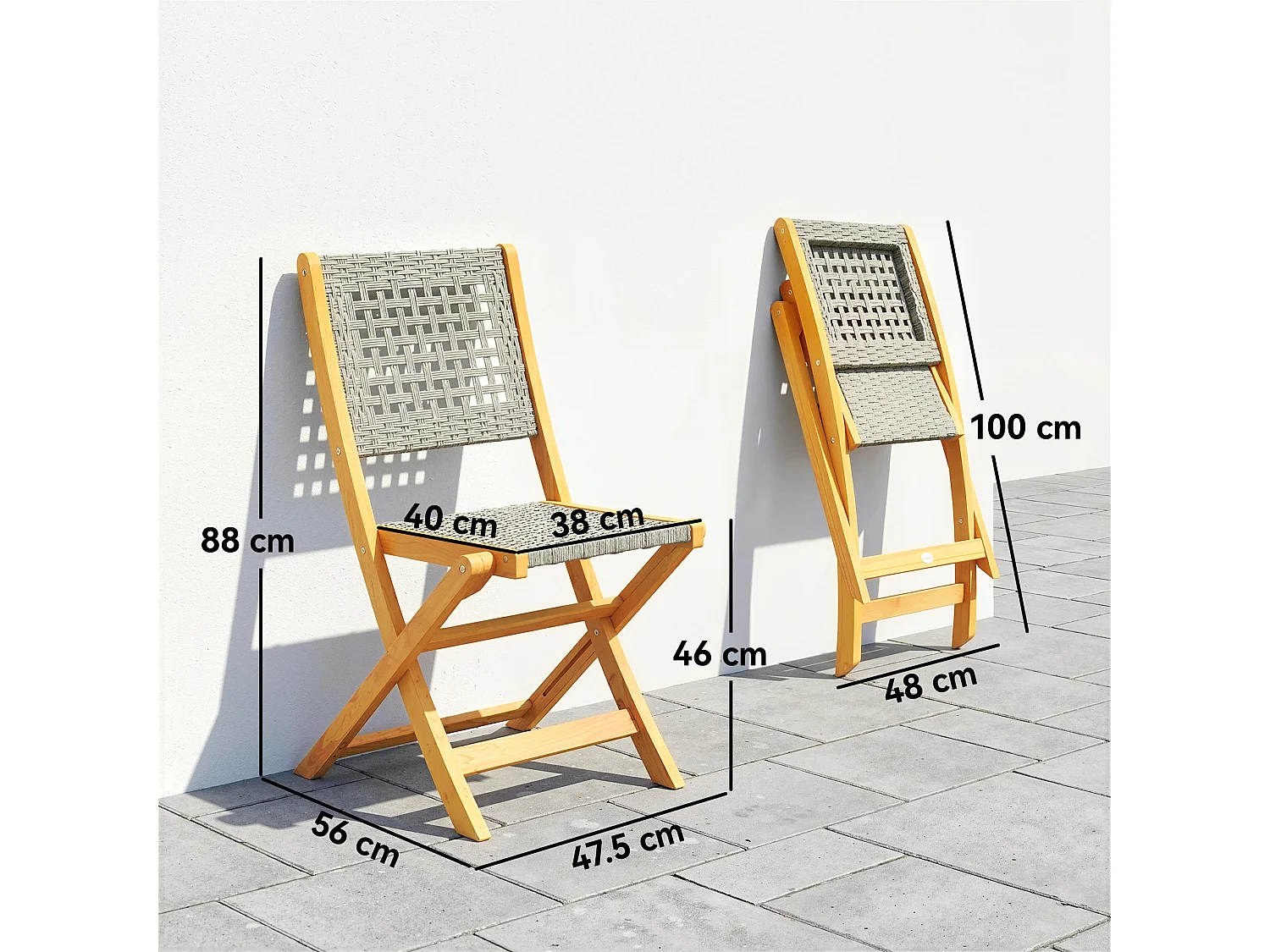 Set di 2 sedie pieghevoli da giardino pieghevoli in legno grigio
