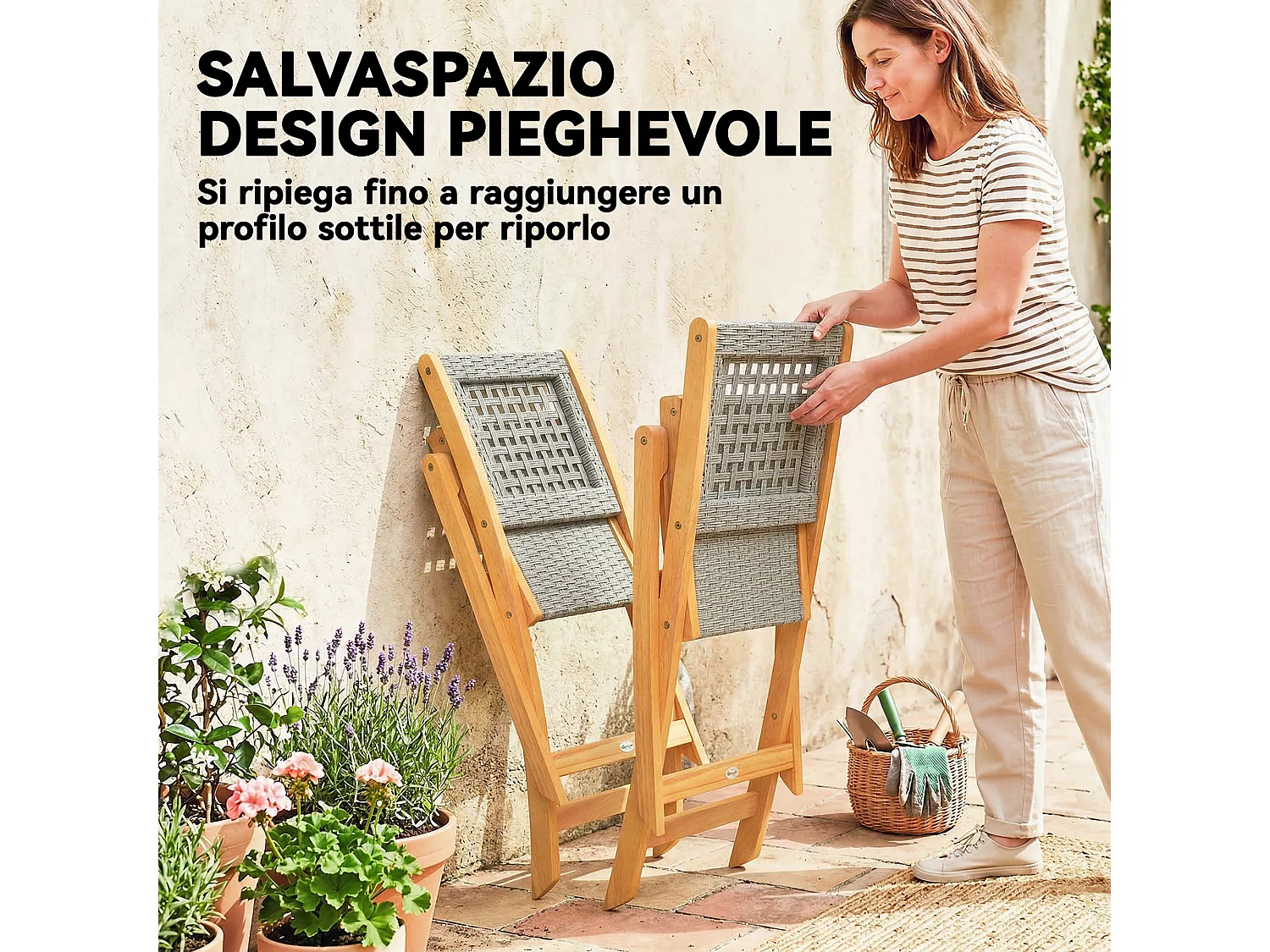 Set di 2 sedie pieghevoli da giardino pieghevoli in legno grigio