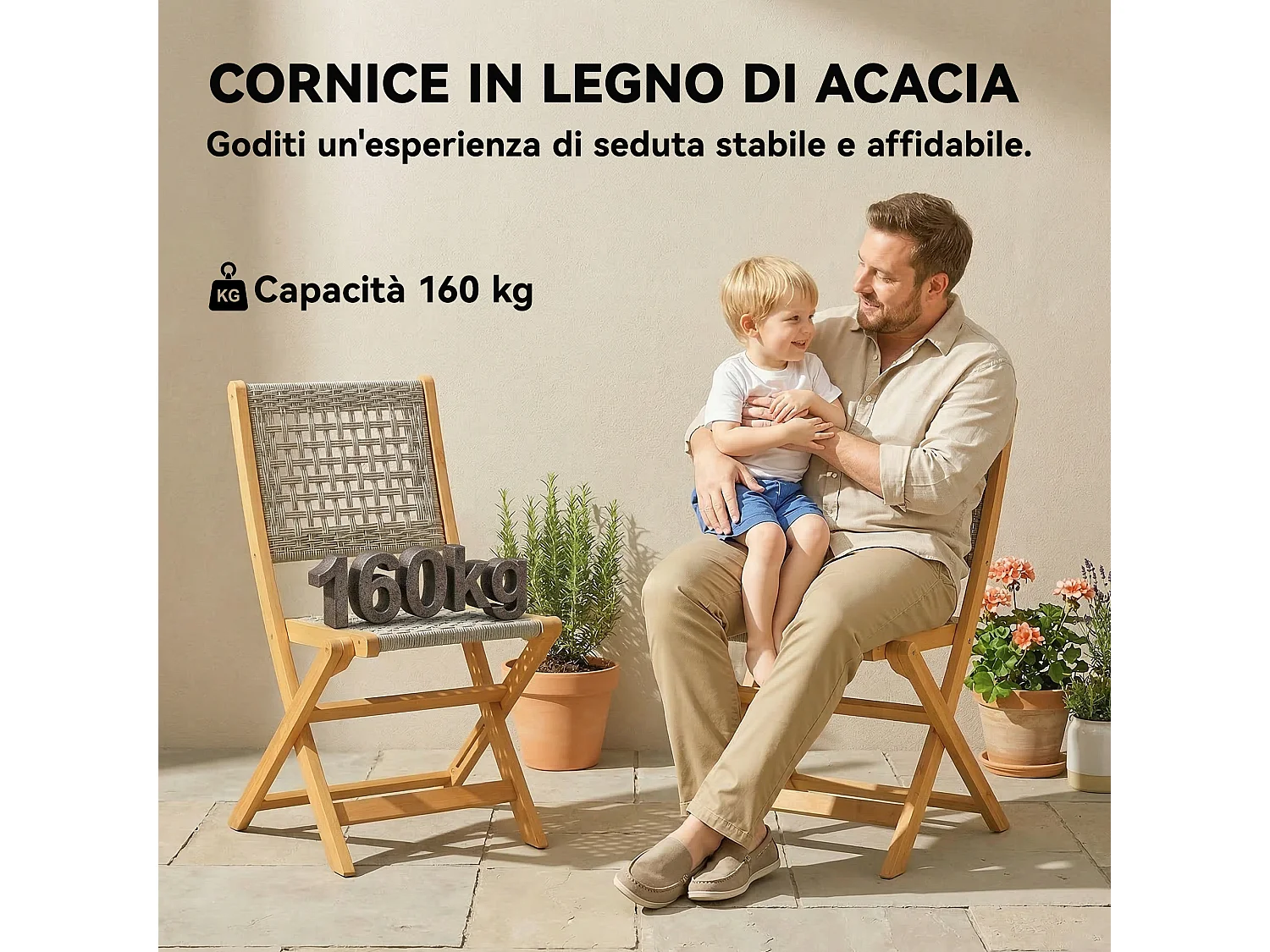 Set di 2 sedie pieghevoli da giardino pieghevoli in legno grigio