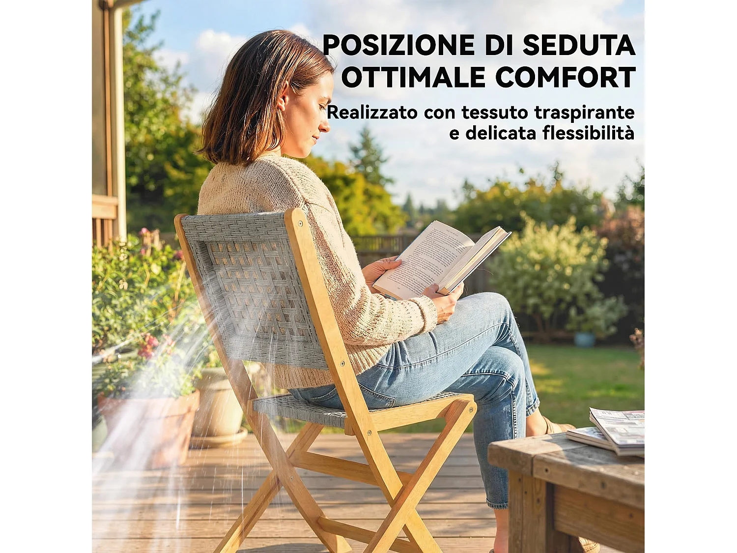 Set di 2 sedie pieghevoli da giardino pieghevoli in legno grigio