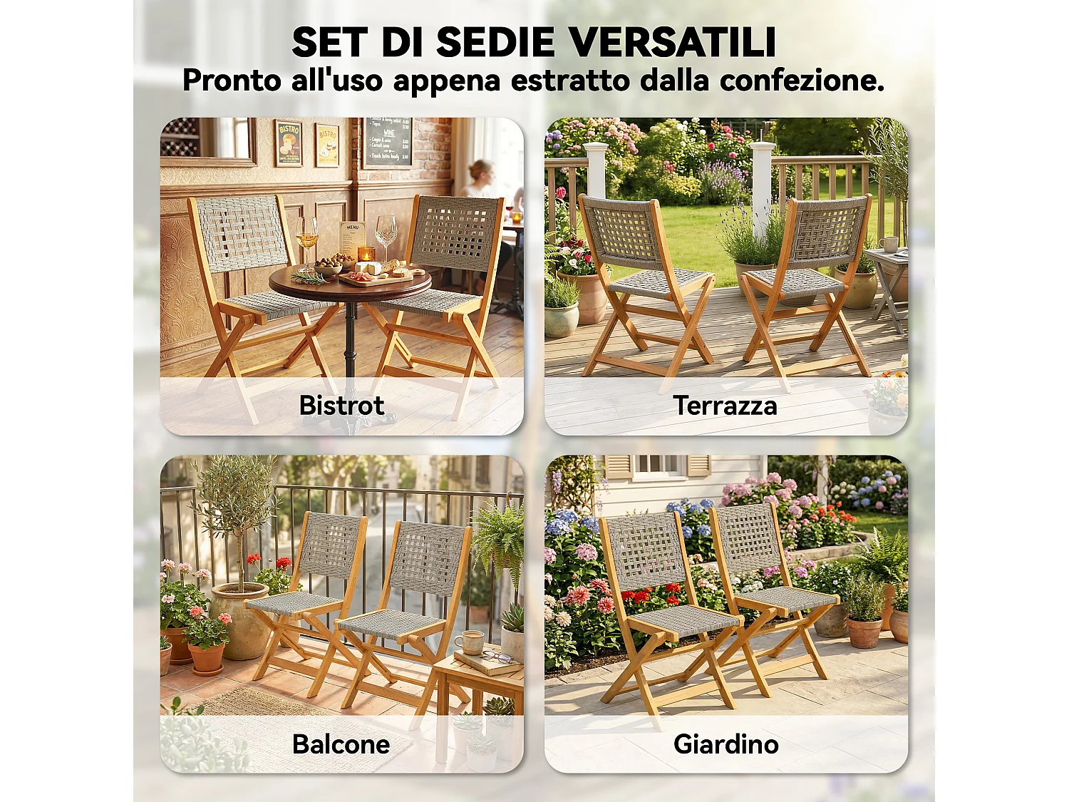 Set di 2 sedie pieghevoli da giardino pieghevoli in legno grigio