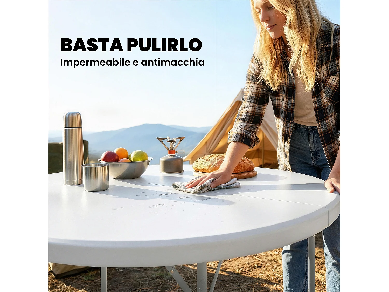 Tavolo da campeggio rotondo 120x120x74 cm bianco