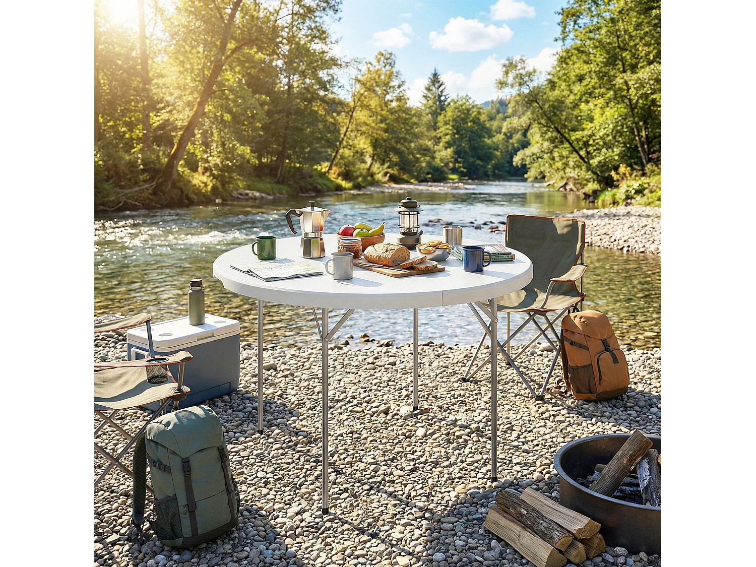 Tavolo da campeggio rotondo 120x120x74 cm bianco